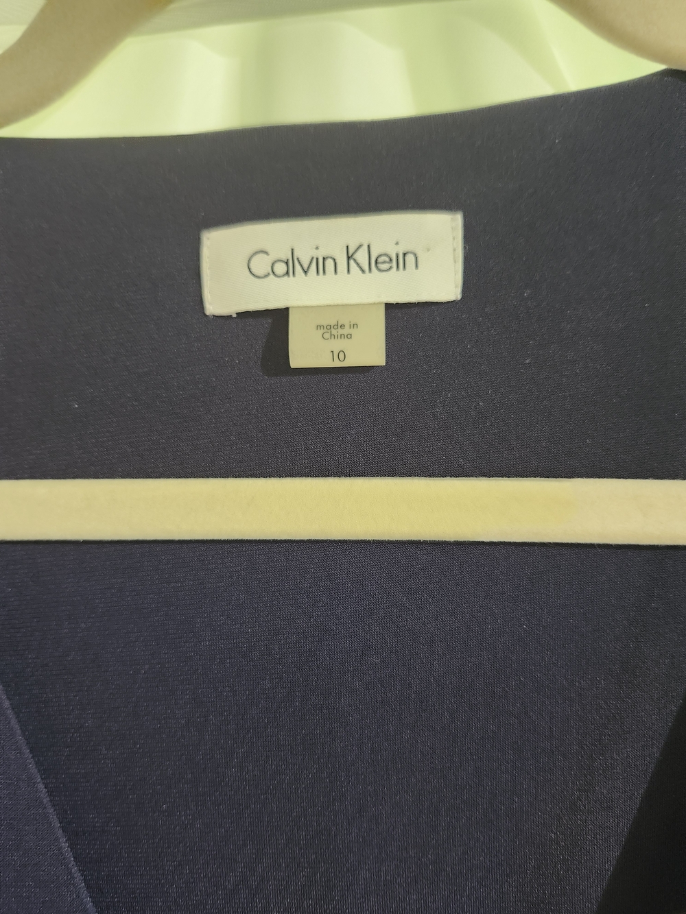 Calvin Klein Navy Faux-Wrap Ruched Midi Dress with Gold Zipper Detail - Picture 6 of 8